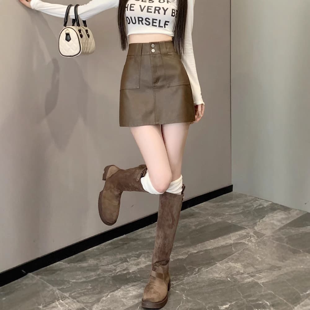 黒 スカート ハイウエストダブルボタンミニスカート