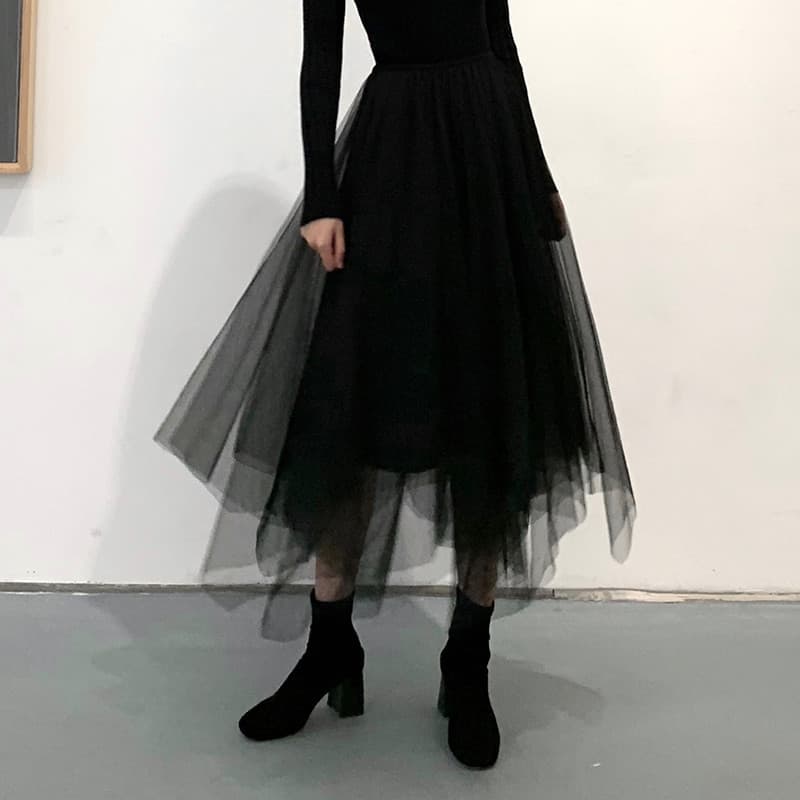 黒 スカート アシンメトリー シアー チュール ロングスカート