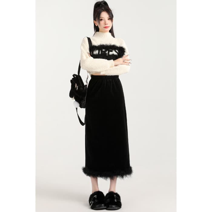 黒 スカート モコモコ ファー ベロア ロングスカート