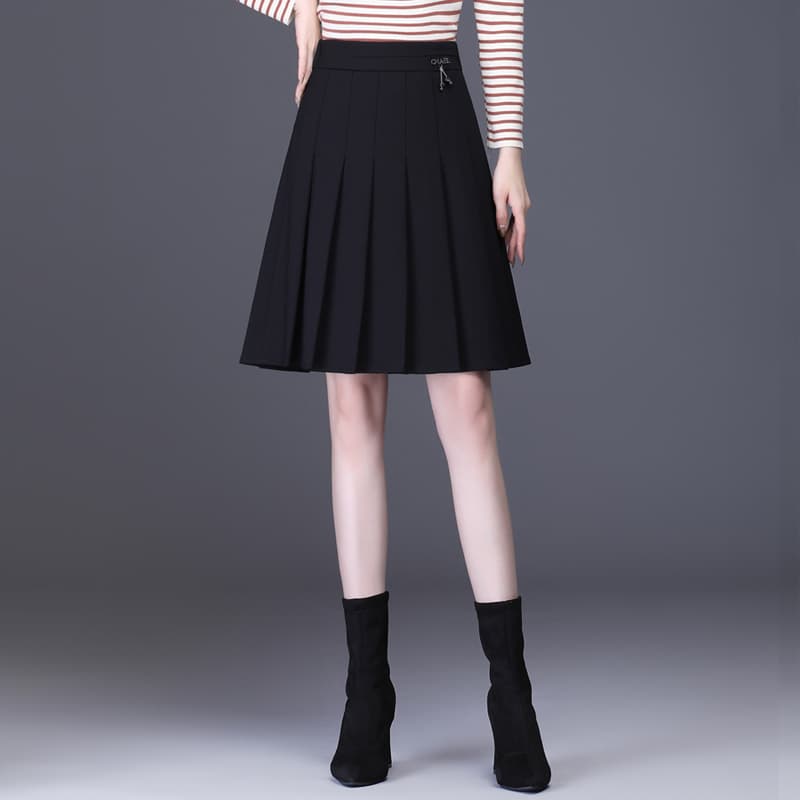 黒 スカート 上品プリーツ ミドル丈 フレアスカート