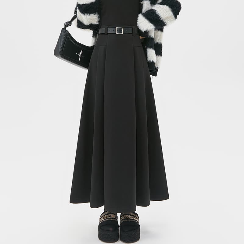 黒 スカート ベーシックロングプリーツスカート