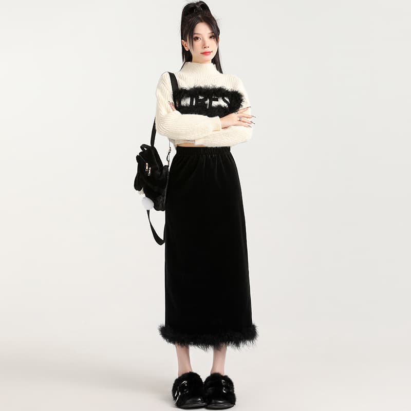黒 スカート モコモコ ファー ベロア ロングスカート