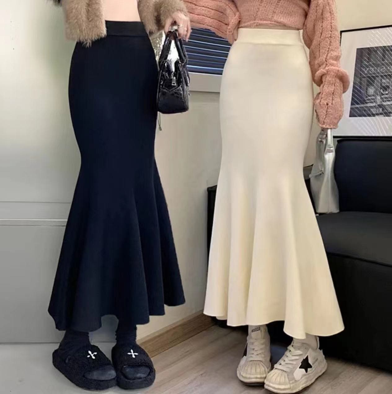 黒 スカート マーメイドシルエット ロング丈フレア スカート