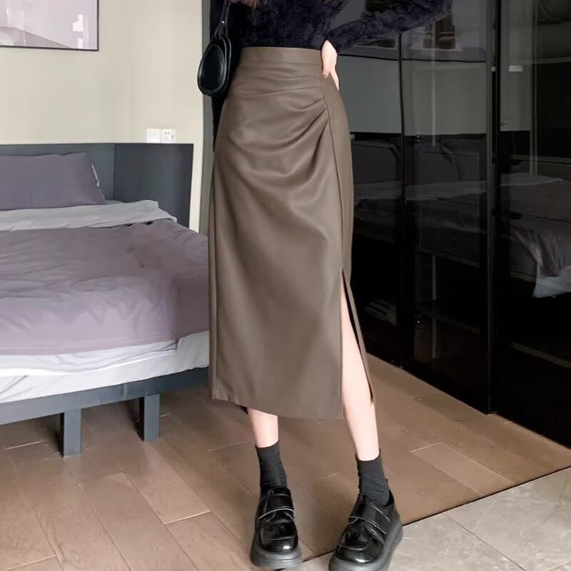 黒 スカート 合皮スリットとろみロングスカート
