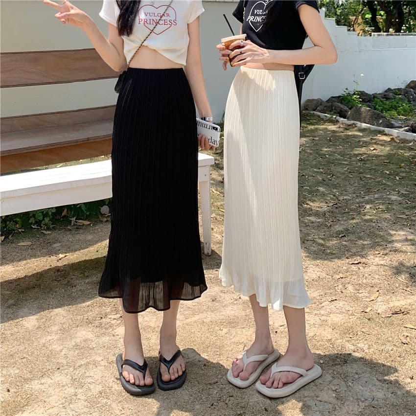 黒 スカート なめらか プリーツ ロングスカート
