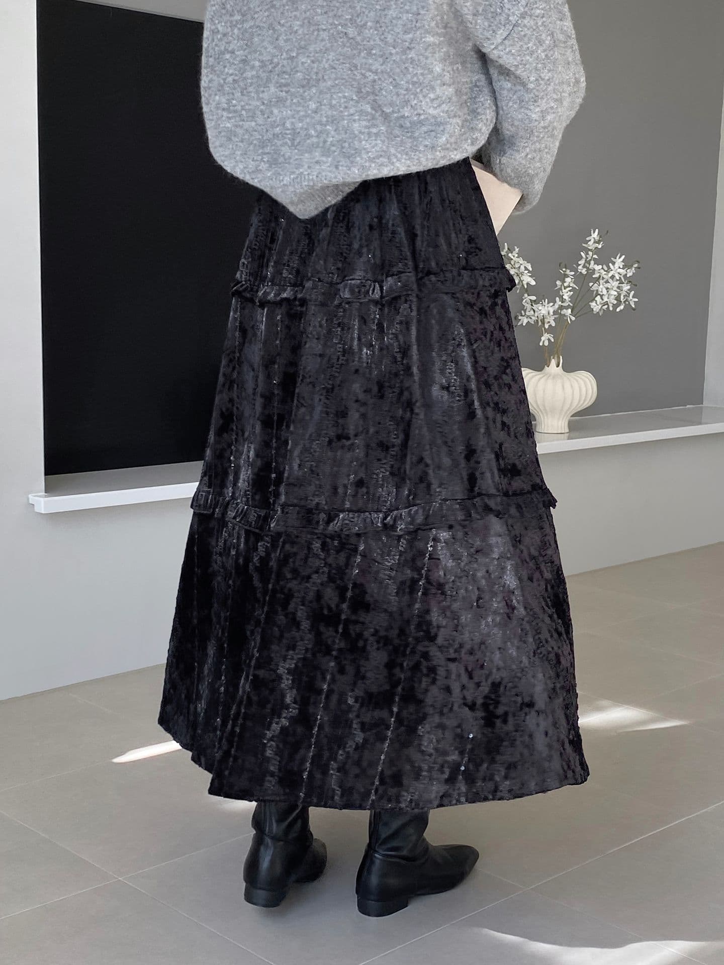 黒 スカート ティアードベロアロングフレアスカート