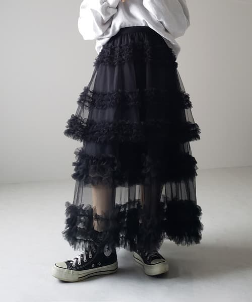 黒 スカート ふんわり重ね ティアードチュールスカート
