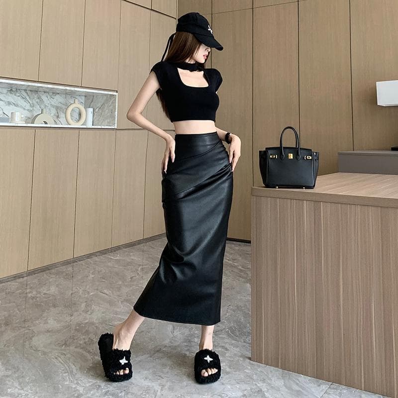 黒 スカート シンプルストレートロングスカート