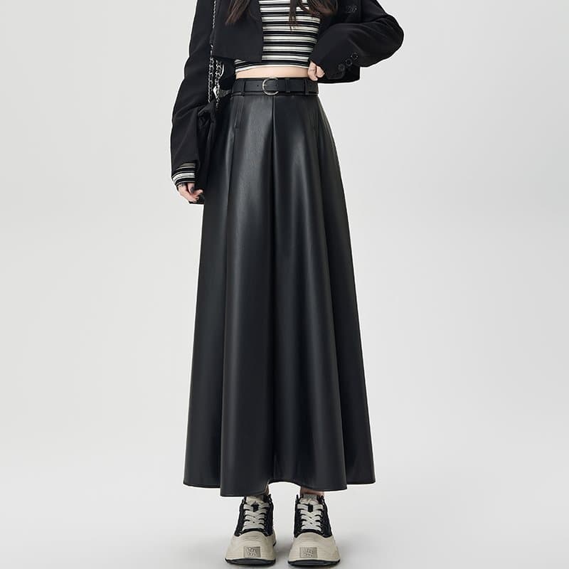黒 スカート レザー フレア ロング プリーツ スカート