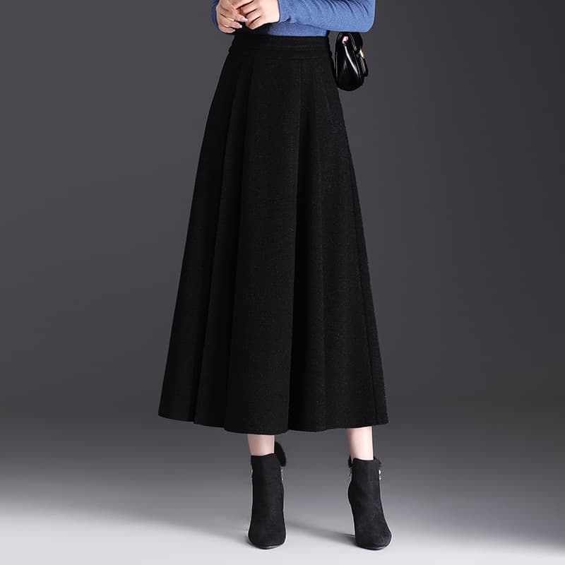 黒 スカート ラップ風プリーツ デザイン ロングスカート
