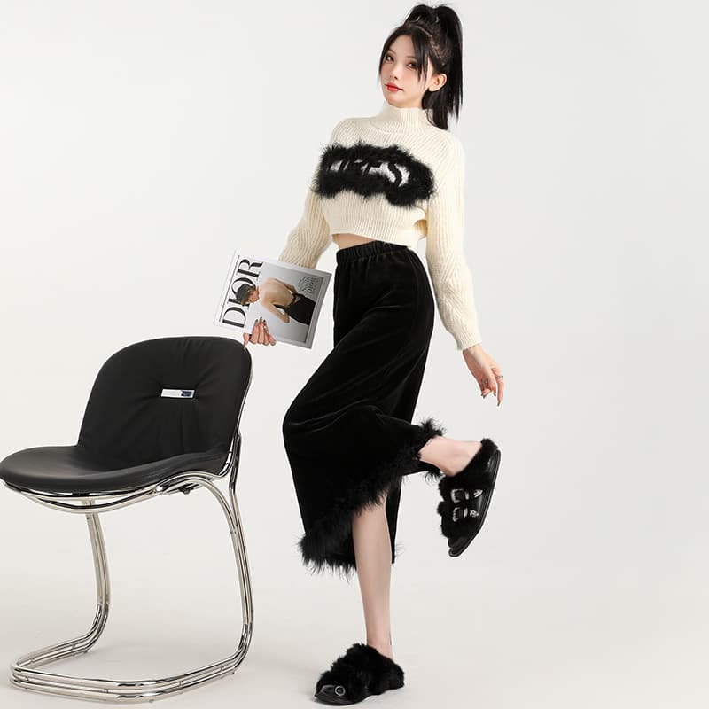 黒 スカート モコモコ ファー ベロア ロングスカート