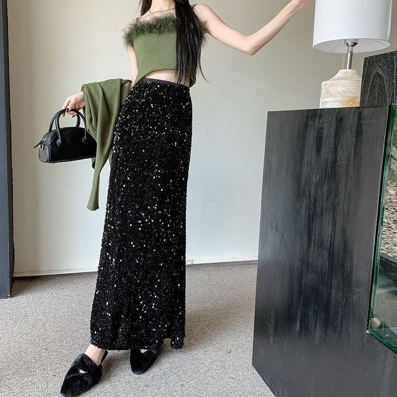 黒 スカート きらめき輝くスパンコールロングスカート