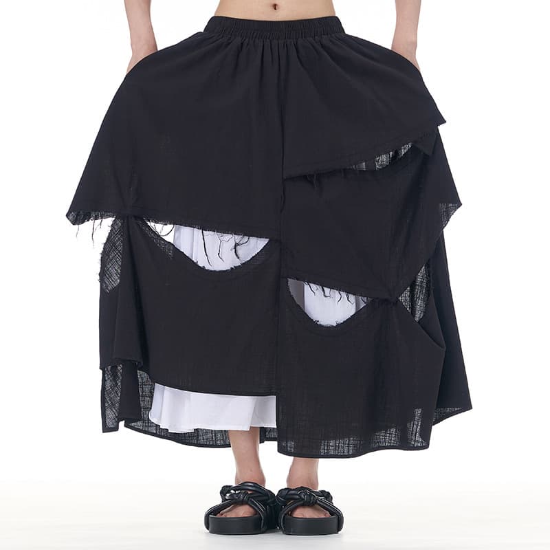 黒 スカート 不規則デザイン重ね風ロングスカート