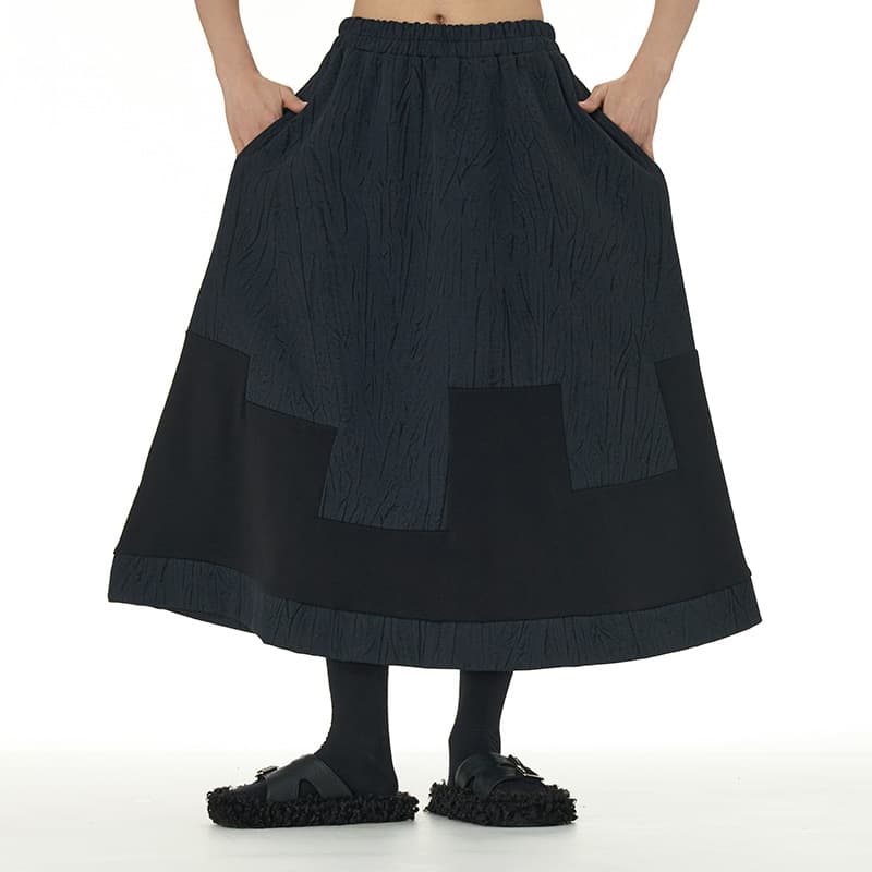 黒 スカート シワ加工ロング丈切替スカート