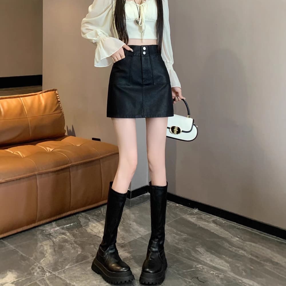 黒 スカート ハイウエストダブルボタンミニスカート