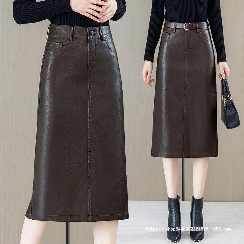 黒 スカート レザー風ミディ丈ベルト付きスカート