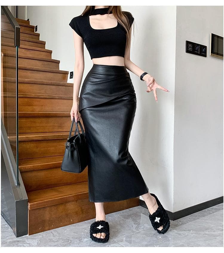 黒 スカート シンプルストレートロングスカート