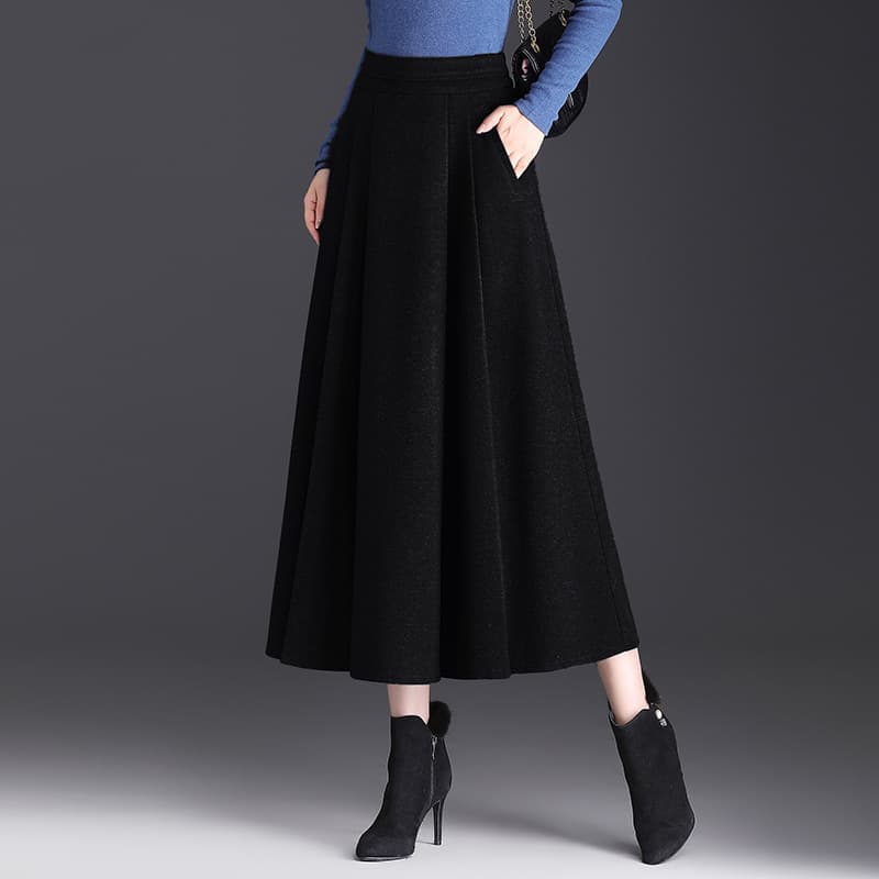 黒 スカート ラップ風プリーツ デザイン ロングスカート