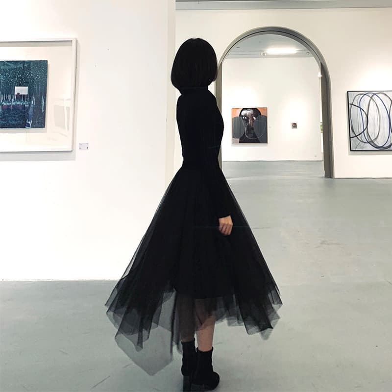黒 スカート アシンメトリー シアー チュール ロングスカート