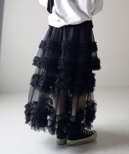 黒 スカート ふんわり重ね ティアードチュールスカート