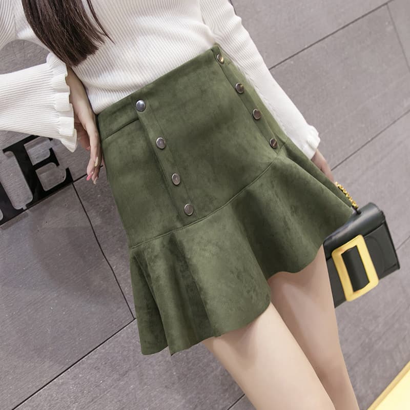 黒 スカート フリル付き二列ボタンミニスカート