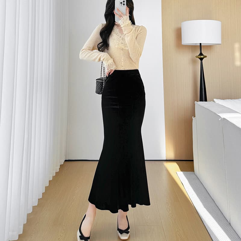 黒 スカート 上品フリル マーメイド ロング スカート
