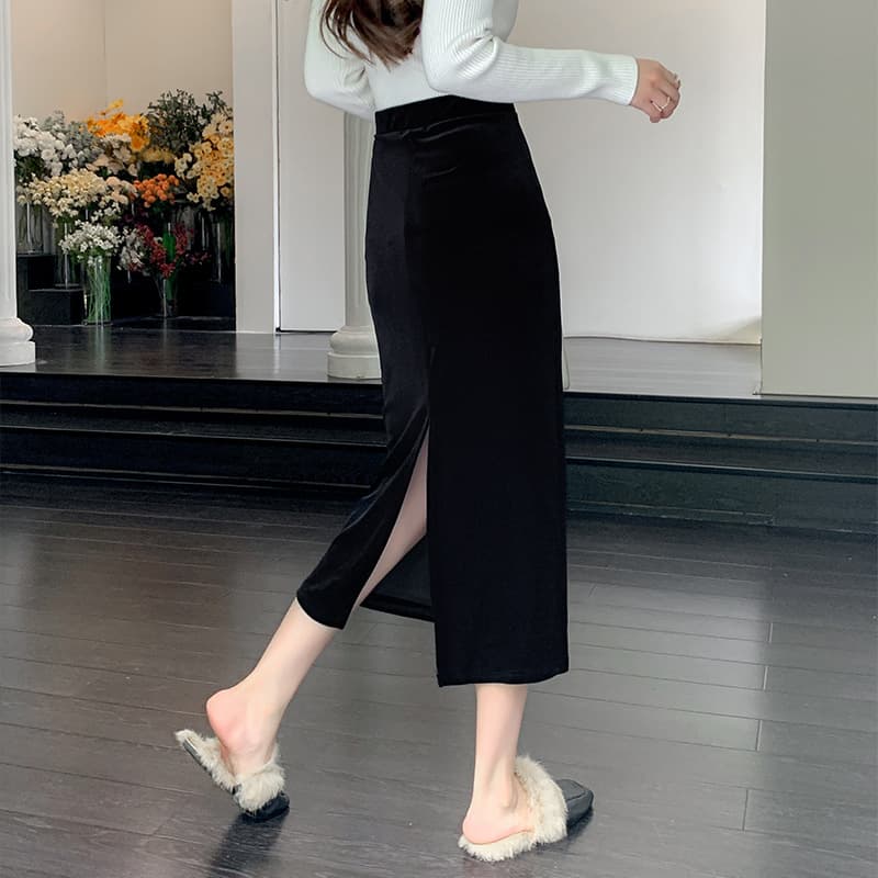 黒 スカート ストレッチベロアマキシスカート