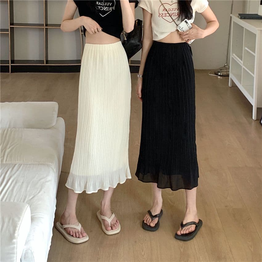 黒 スカート なめらか プリーツ ロングスカート