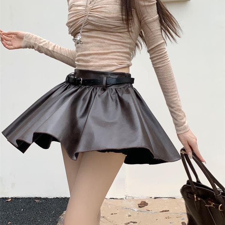 黒 スカート フレア プリーツ ベルト付き ミニスカート
