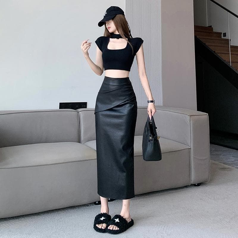 黒 スカート シンプルストレートロングスカート