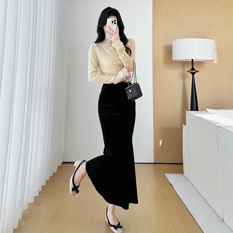 黒 スカート 上品フリル マーメイド ロング スカート