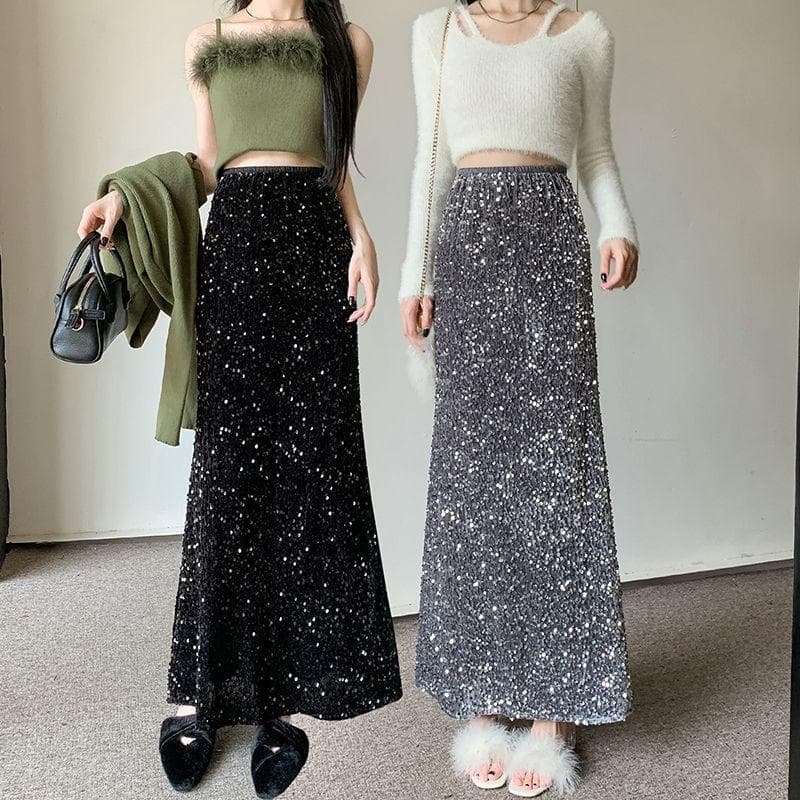 黒 スカート きらめき輝くスパンコールロングスカート
