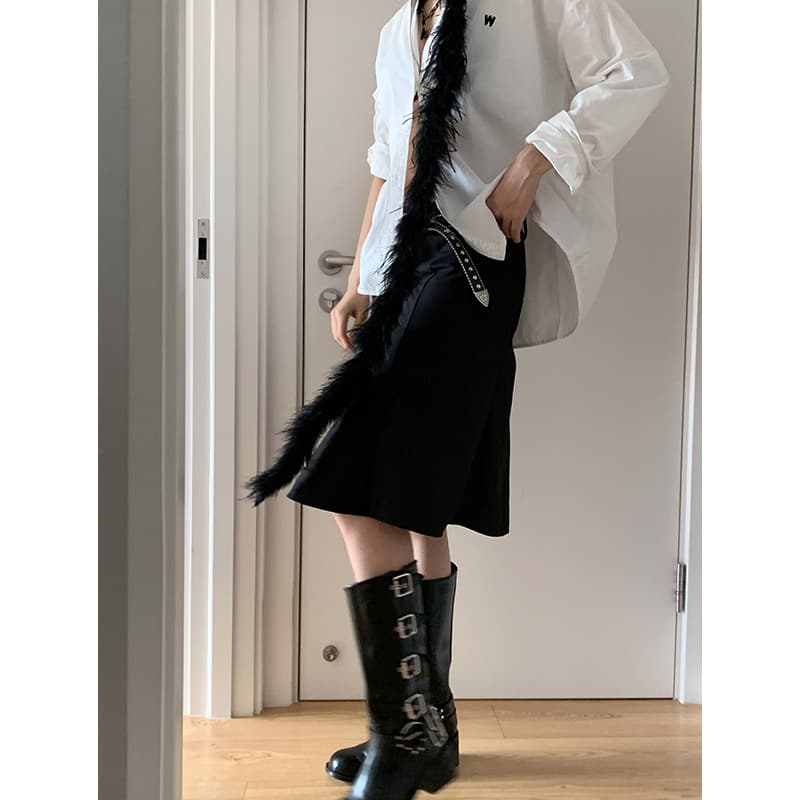 黒 スカート フリルベルト付きカジュアルスカート