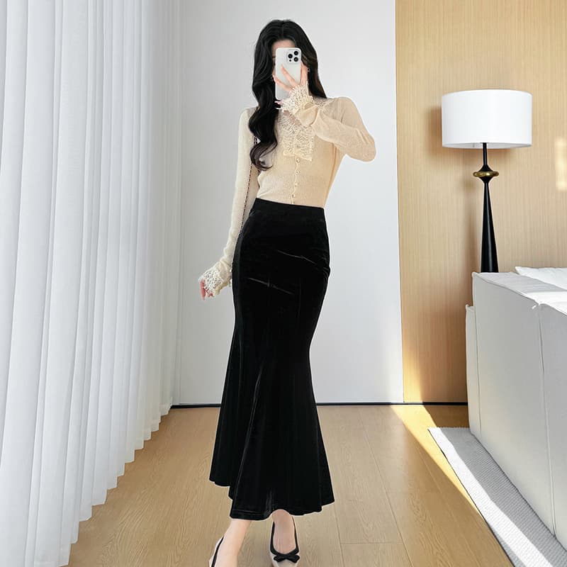 黒 スカート 上品フリル マーメイド ロング スカート