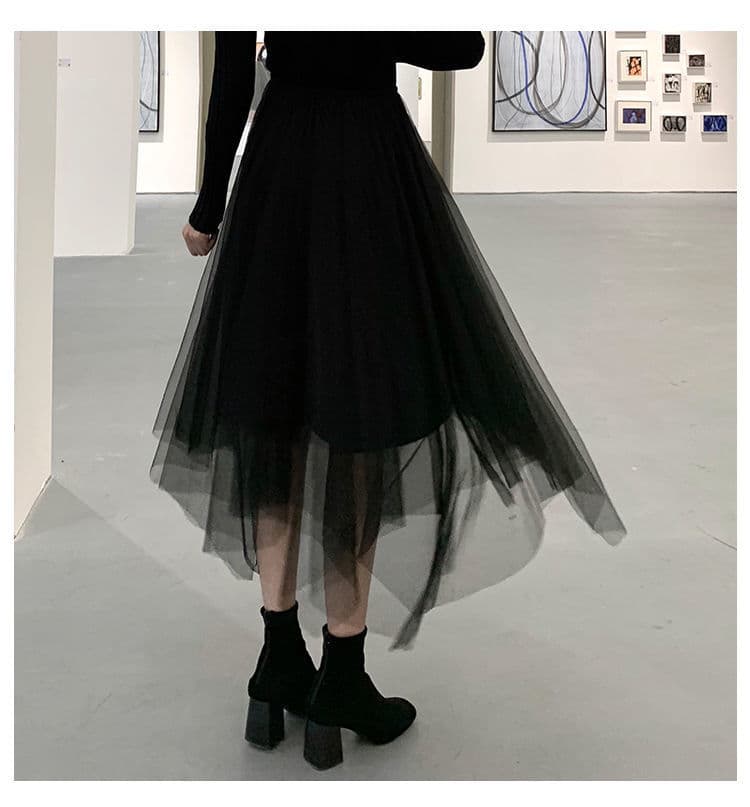 黒 スカート アシンメトリー シアー チュール ロングスカート