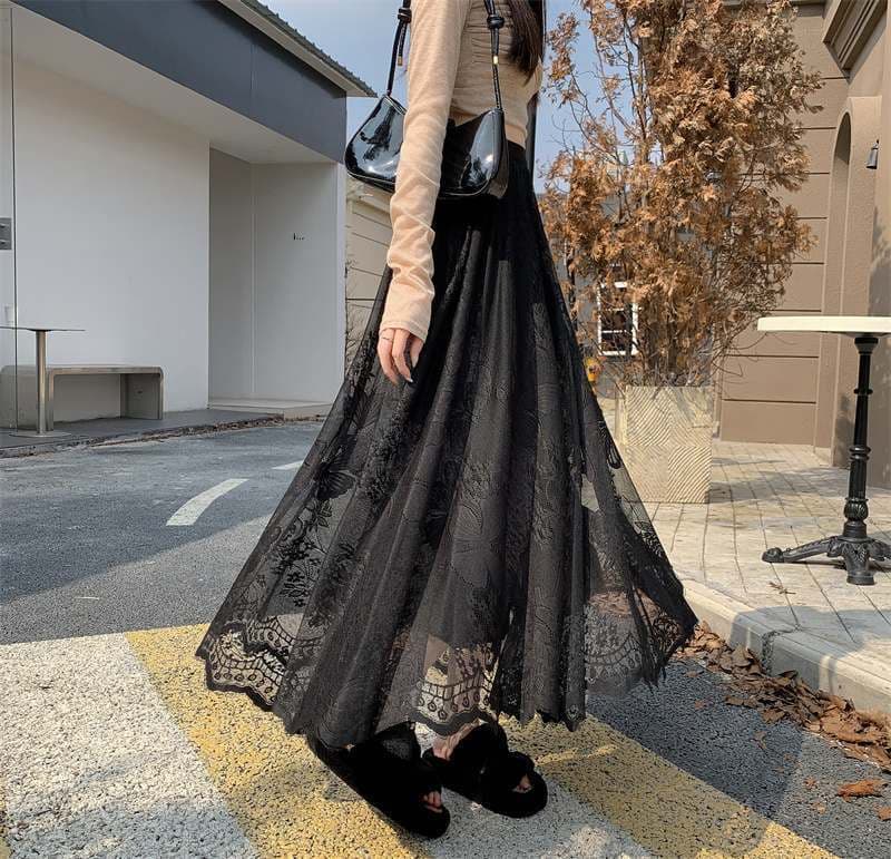 黒 スカート 繊細花柄レース重ね ロングスカート